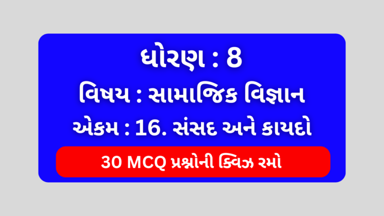 ધોરણ 8 સામાજિક વિજ્ઞાન એકમ 16 Mcq Quiz