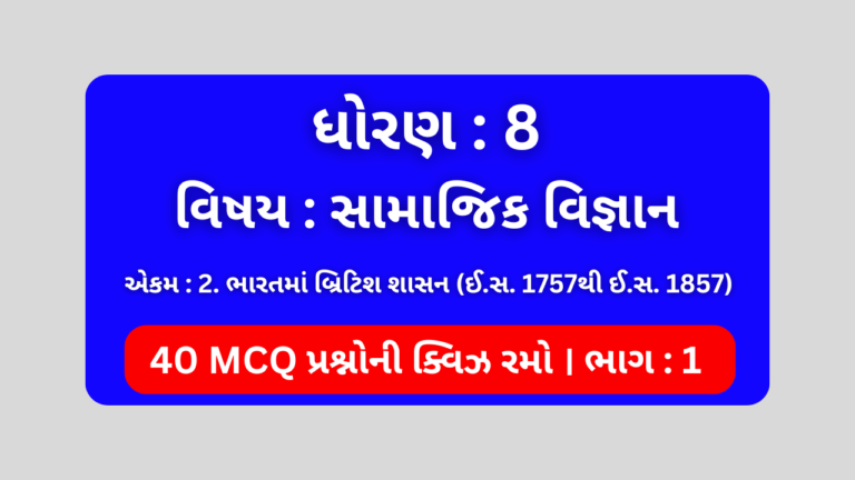 ધોરણ 8 સામાજિક વિજ્ઞાન એકમ 2 Mcq Quiz ભાગ 1